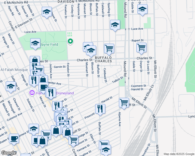 map of restaurants, bars, coffee shops, grocery stores, and more near 11965 Buffalo Street in Hamtramck