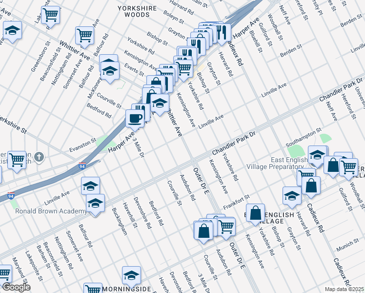map of restaurants, bars, coffee shops, grocery stores, and more near 5767 Whittier Avenue in Detroit