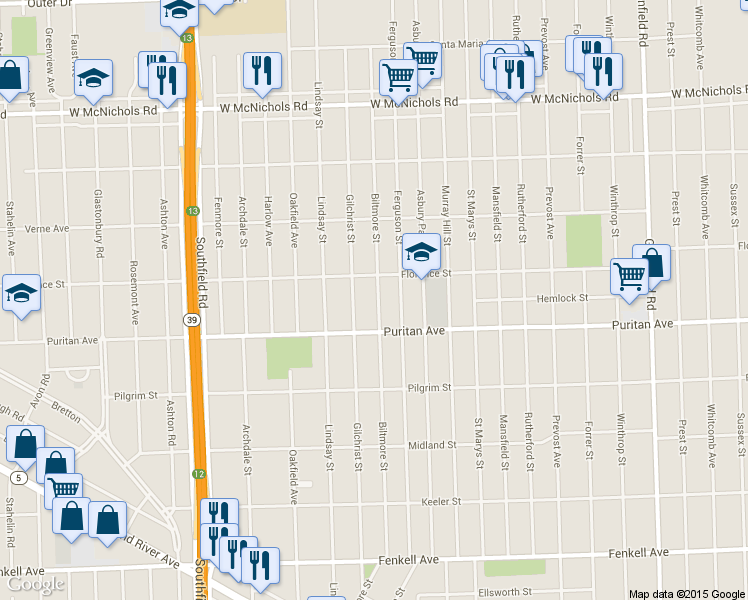 map of restaurants, bars, coffee shops, grocery stores, and more near 16167 Biltmore St in Detroit