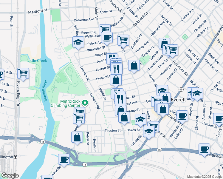 map of restaurants, bars, coffee shops, grocery stores, and more near 33 Winslow Street in Everett