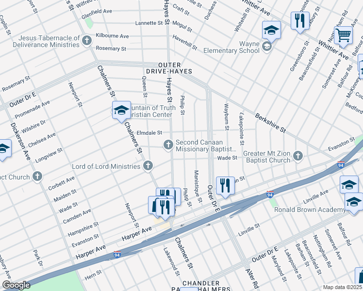 map of restaurants, bars, coffee shops, grocery stores, and more near 9461 Philip Street in Detroit