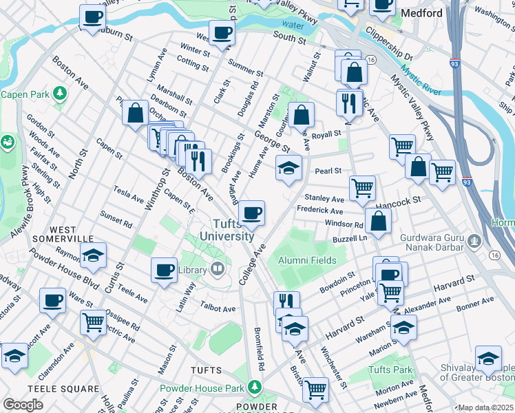 map of restaurants, bars, coffee shops, grocery stores, and more near 34 Sunset Avenue in Medford