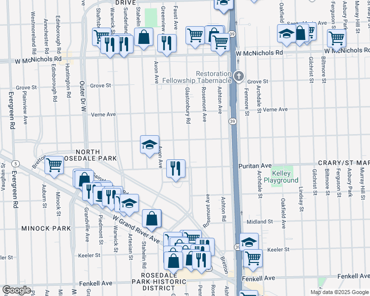 map of restaurants, bars, coffee shops, grocery stores, and more near 16185 Glastonbury Road in Detroit