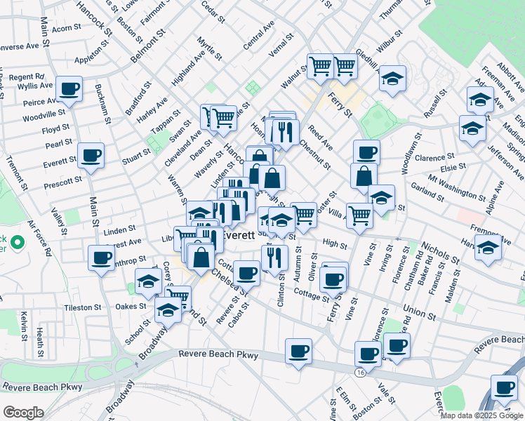 map of restaurants, bars, coffee shops, grocery stores, and more near 6 Hampshire Street in Everett