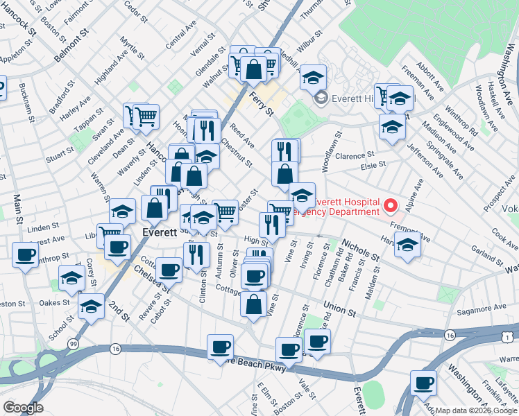 map of restaurants, bars, coffee shops, grocery stores, and more near 35 Villa Avenue in Everett