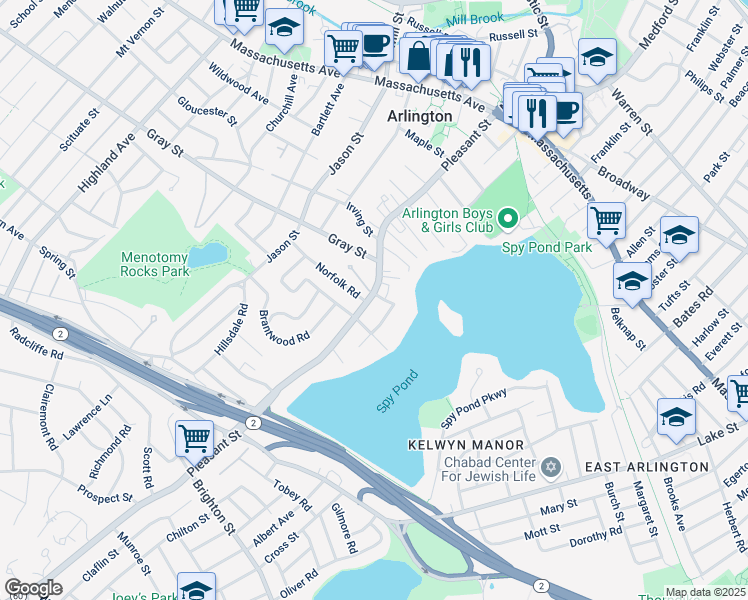 map of restaurants, bars, coffee shops, grocery stores, and more near 176 Pleasant Street in Arlington