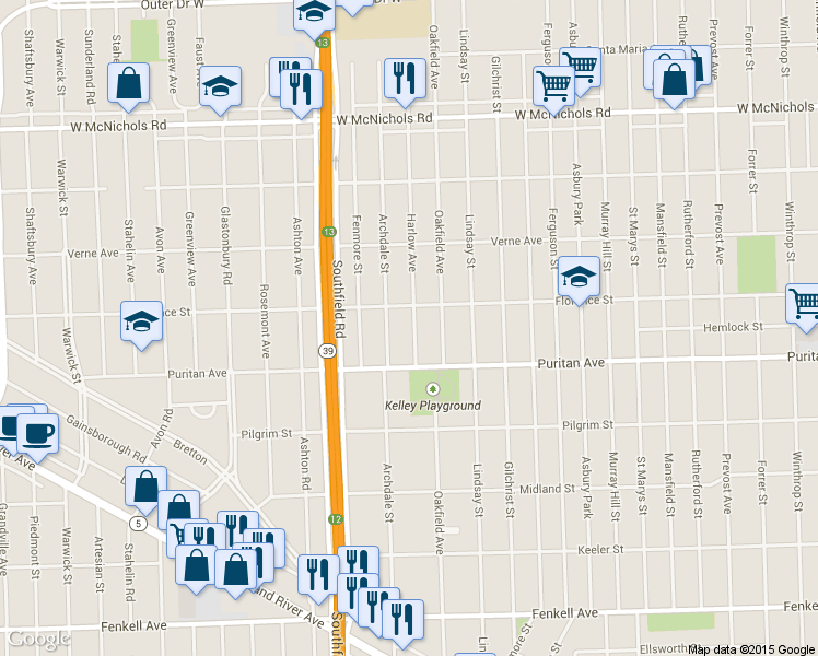 map of restaurants, bars, coffee shops, grocery stores, and more near 16175 Harlow Avenue in Detroit