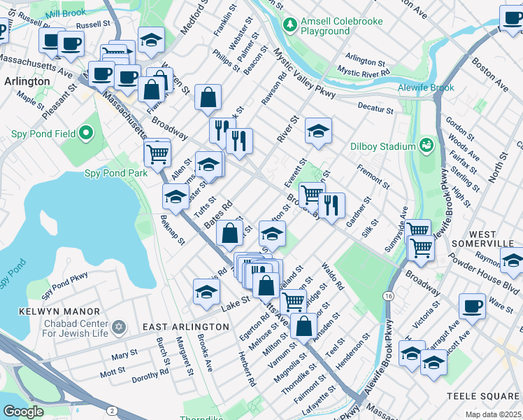 map of restaurants, bars, coffee shops, grocery stores, and more near 80 Everett Street in Arlington