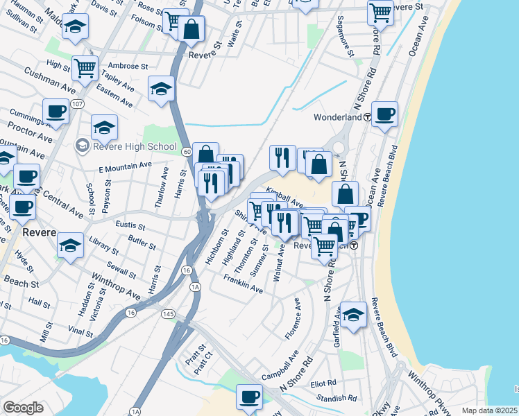 map of restaurants, bars, coffee shops, grocery stores, and more near 525 Beach Street in Revere