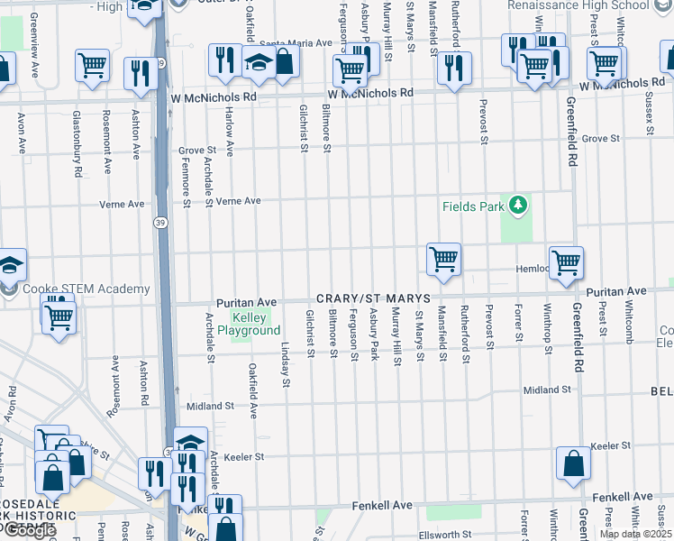 map of restaurants, bars, coffee shops, grocery stores, and more near 16166 Biltmore Street in Detroit
