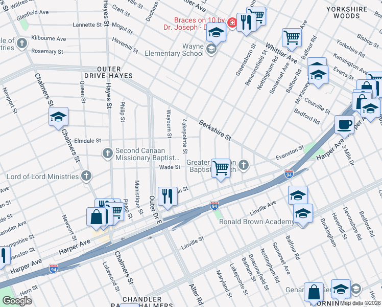 map of restaurants, bars, coffee shops, grocery stores, and more near 9452 Lakepointe Street in Detroit