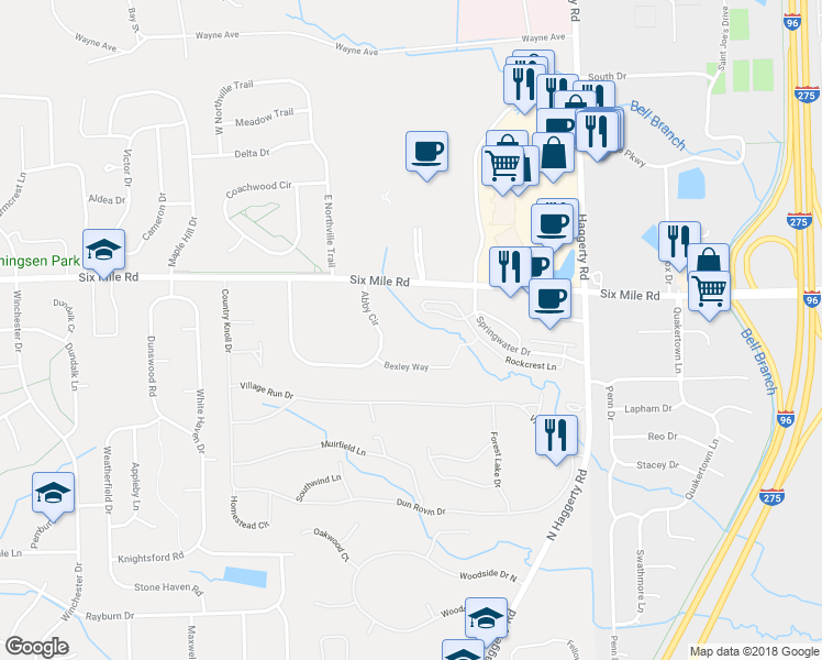 map of restaurants, bars, coffee shops, grocery stores, and more near 39800 Rockcrest Circle in Northville