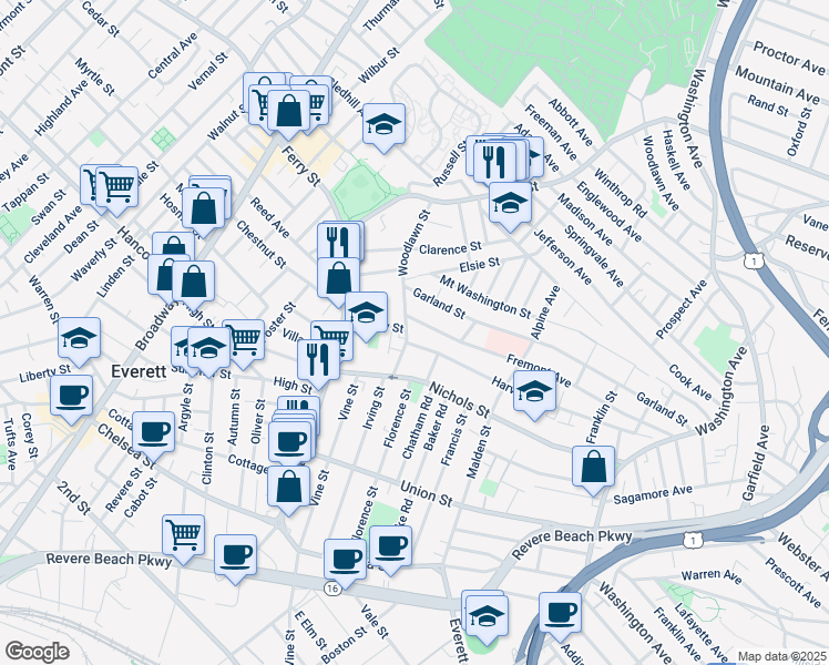 map of restaurants, bars, coffee shops, grocery stores, and more near 39 Woodlawn Street in Everett