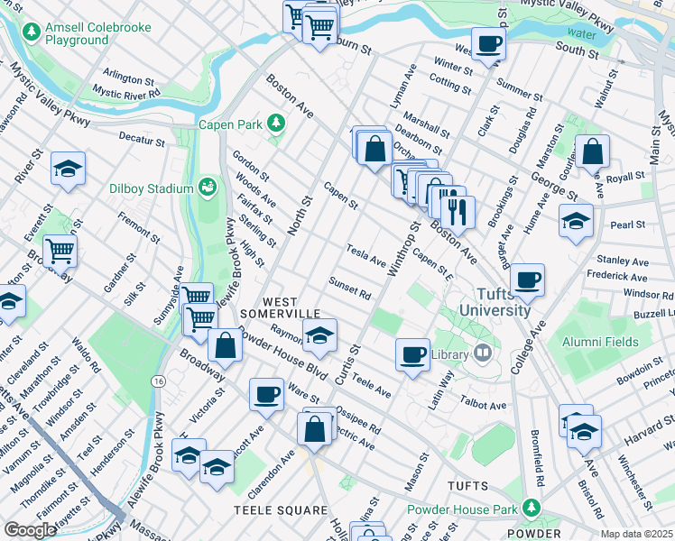 map of restaurants, bars, coffee shops, grocery stores, and more near 48 Upland Road in Somerville