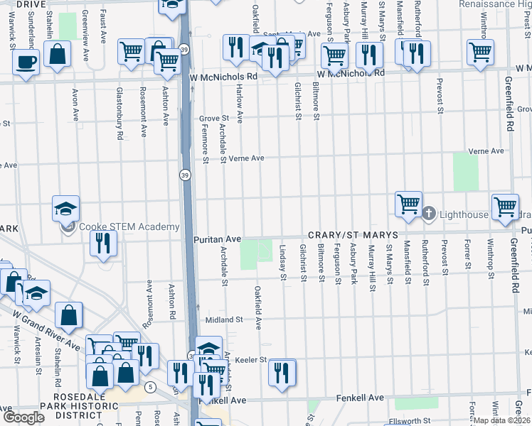 map of restaurants, bars, coffee shops, grocery stores, and more near 16172 Oakfield Avenue in Detroit
