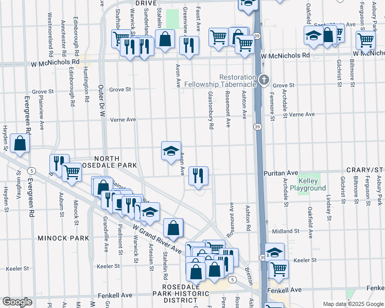 map of restaurants, bars, coffee shops, grocery stores, and more near 16191 Greenview Avenue in Detroit