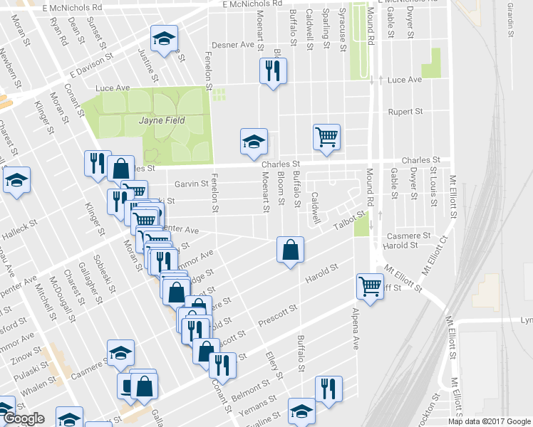 map of restaurants, bars, coffee shops, grocery stores, and more near 11974 Moenart St in Hamtramck