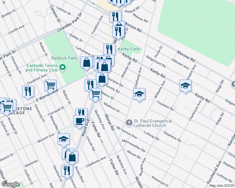 map of restaurants, bars, coffee shops, grocery stores, and more near 435 Cloverly Road in Grosse Pointe Farms