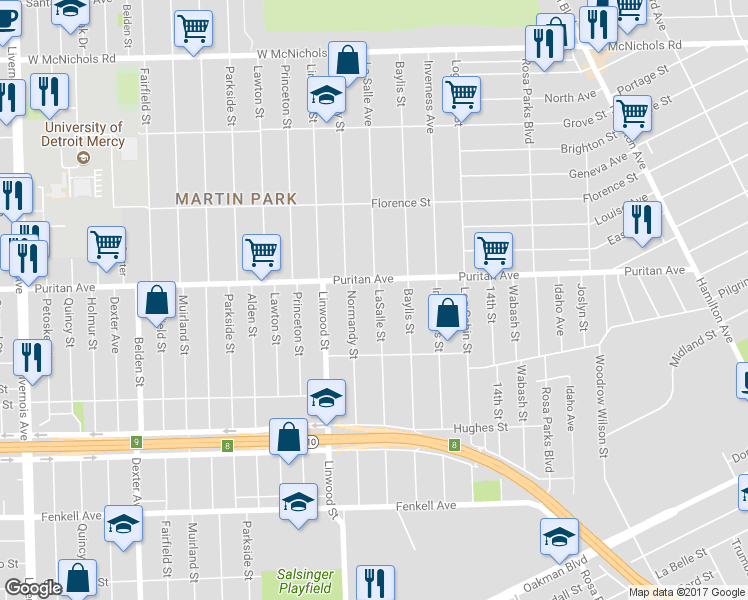 map of restaurants, bars, coffee shops, grocery stores, and more near 15922 LaSalle Street in Detroit