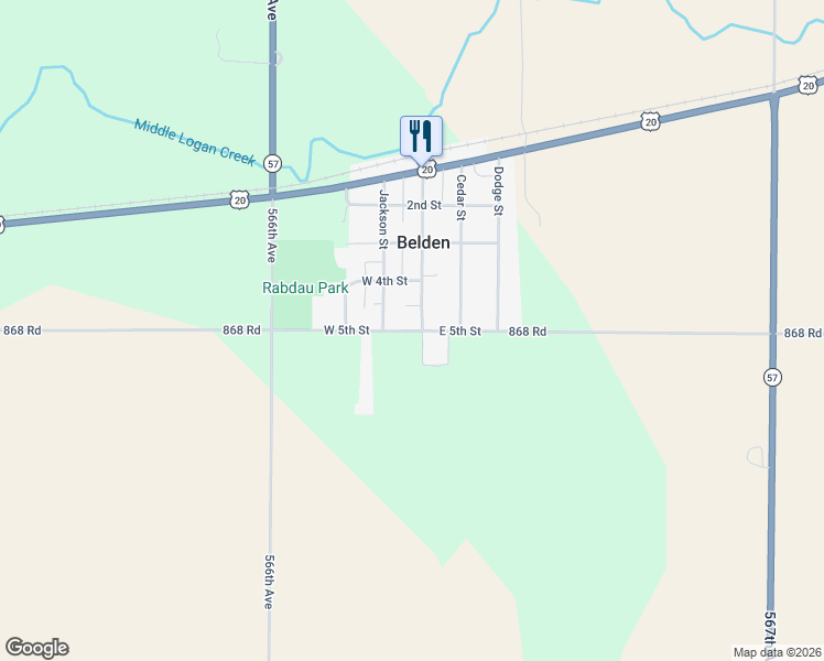 map of restaurants, bars, coffee shops, grocery stores, and more near 56629 868 Road in Belden