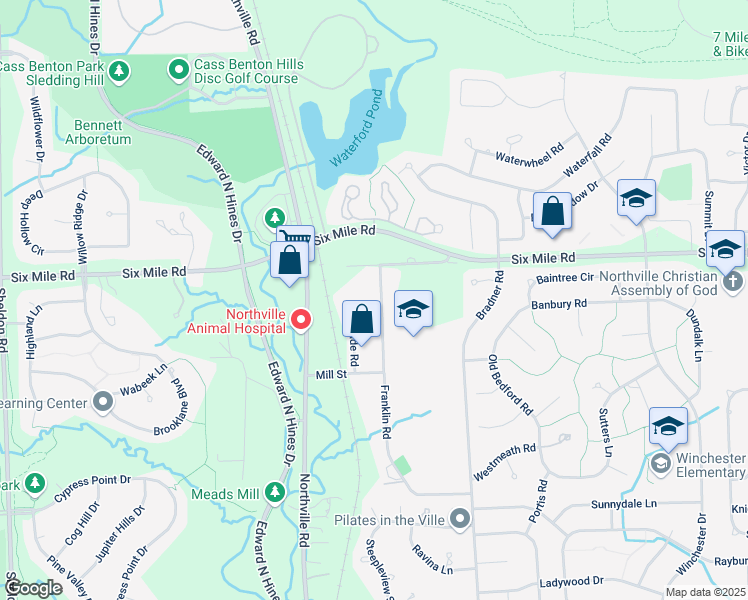 map of restaurants, bars, coffee shops, grocery stores, and more near 16931 Franklin Rd in Northville