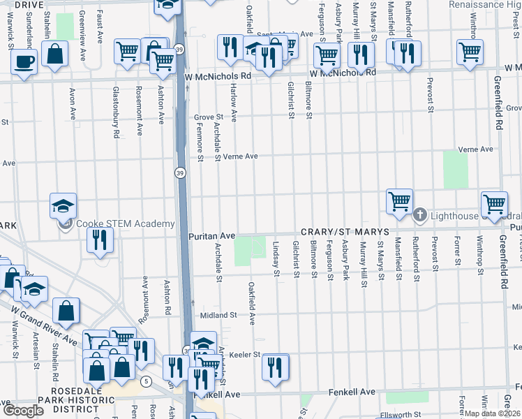 map of restaurants, bars, coffee shops, grocery stores, and more near 16172 Oakfield Avenue in Detroit