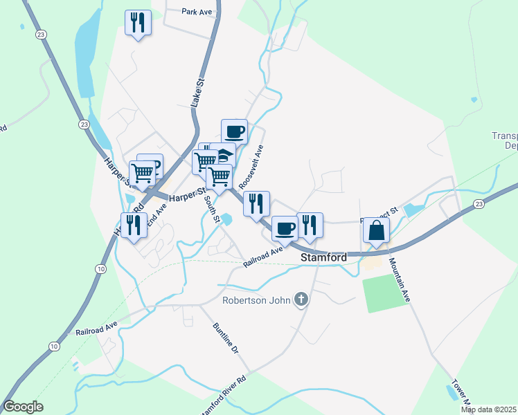 map of restaurants, bars, coffee shops, grocery stores, and more near 119 Main Street in Stamford