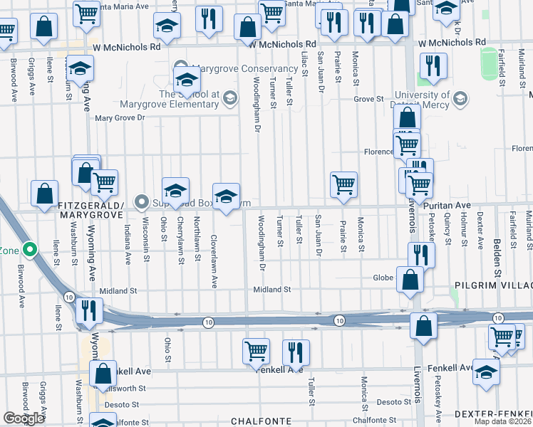 map of restaurants, bars, coffee shops, grocery stores, and more near 7747 Puritan Avenue in Detroit