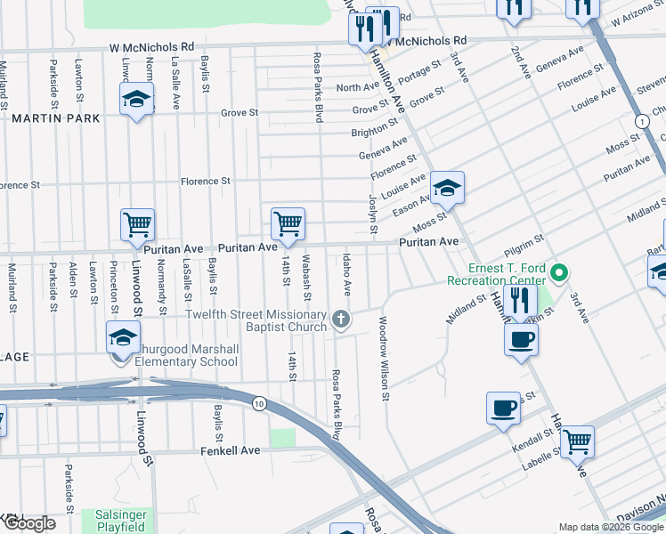 map of restaurants, bars, coffee shops, grocery stores, and more near 15826 Rosa Parks Boulevard in Detroit