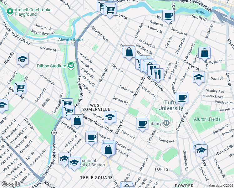 map of restaurants, bars, coffee shops, grocery stores, and more near 54 Upland Road in Somerville