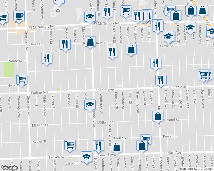 map of restaurants, bars, coffee shops, grocery stores, and more near 16127 Mark Twain Street in Detroit