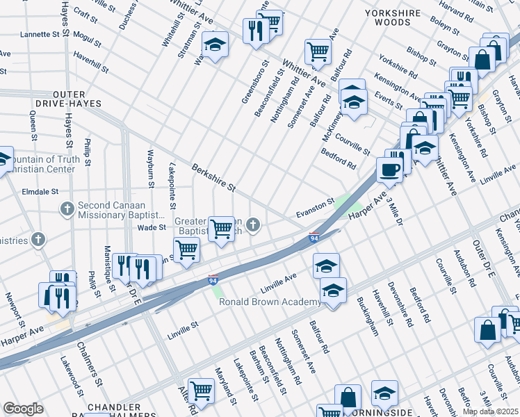 map of restaurants, bars, coffee shops, grocery stores, and more near 9623 Berkshire Street in Detroit