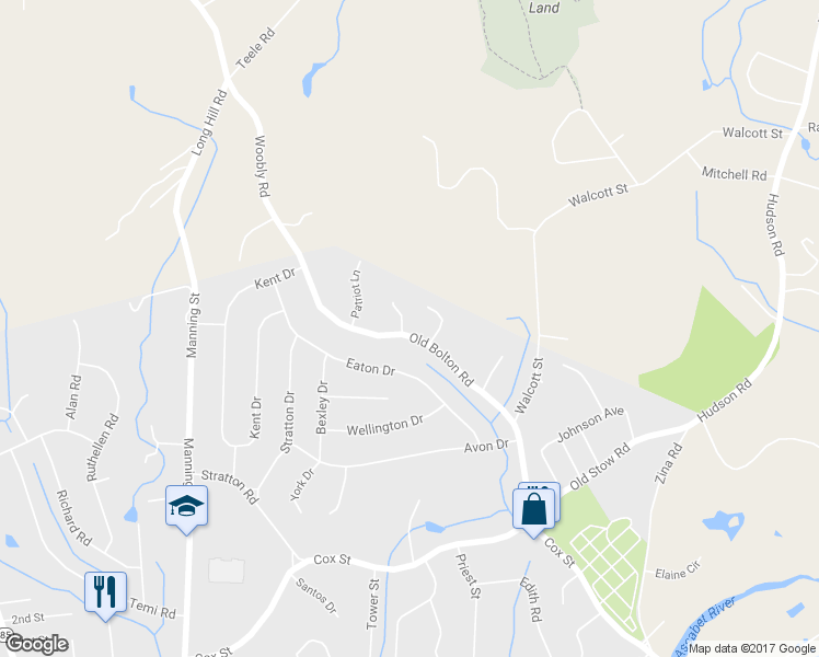 map of restaurants, bars, coffee shops, grocery stores, and more near 35 Old Bolton Road in Hudson