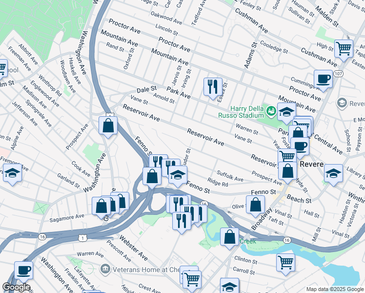 map of restaurants, bars, coffee shops, grocery stores, and more near 256 Prospect Avenue in Revere