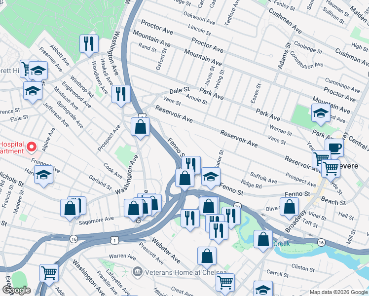 map of restaurants, bars, coffee shops, grocery stores, and more near 365 Fenno Street in Revere