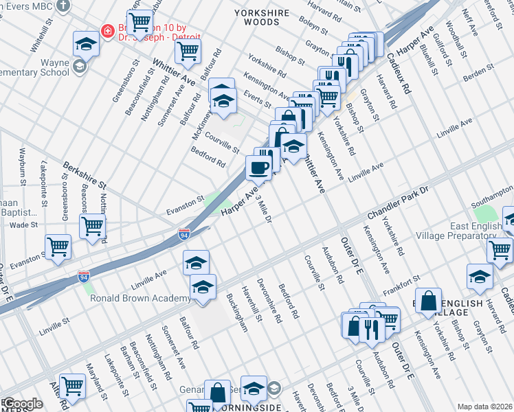 map of restaurants, bars, coffee shops, grocery stores, and more near 5957 3 Mile Drive in Detroit