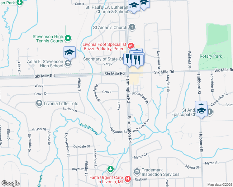 map of restaurants, bars, coffee shops, grocery stores, and more near 16845 Surrey in Livonia