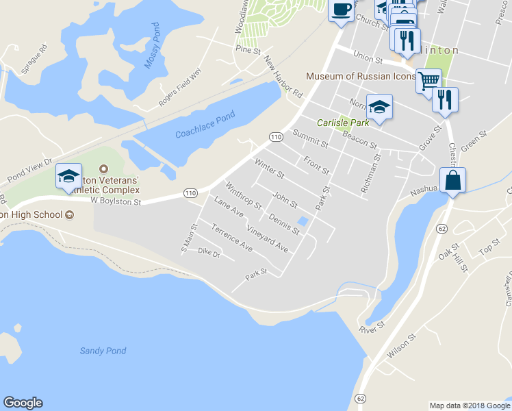map of restaurants, bars, coffee shops, grocery stores, and more near 12 Winthrop Street in Clinton