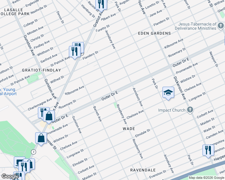 map of restaurants, bars, coffee shops, grocery stores, and more near 8523 Outer Dr E in Detroit