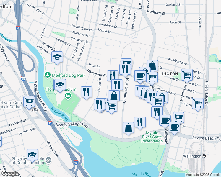 map of restaurants, bars, coffee shops, grocery stores, and more near 34 Linden Street in Medford