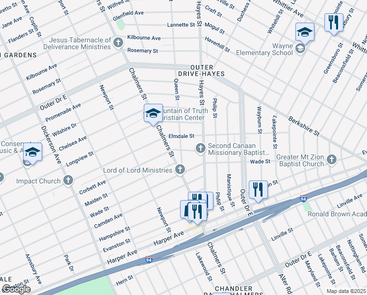 map of restaurants, bars, coffee shops, grocery stores, and more near 14901 Corbett Avenue in Detroit