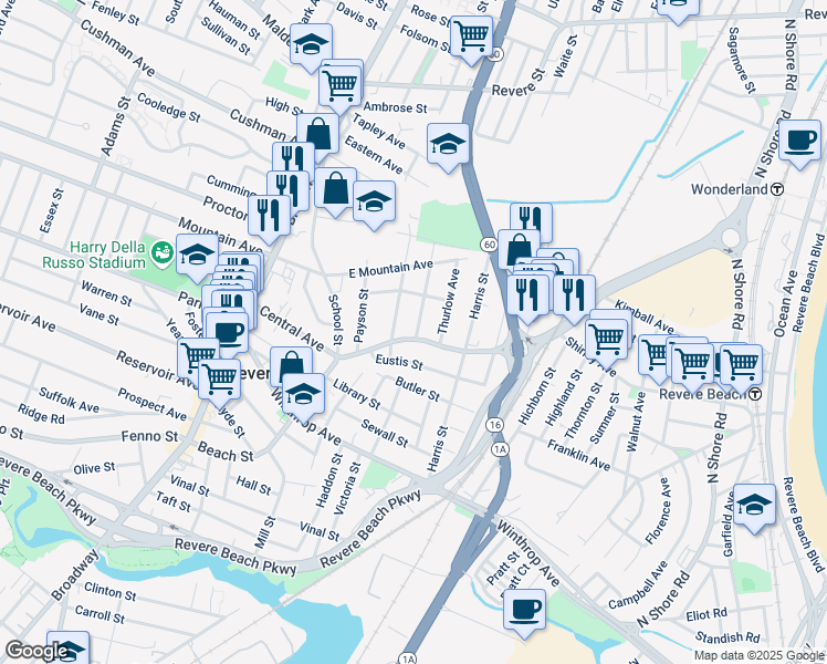 map of restaurants, bars, coffee shops, grocery stores, and more near 314 Beach Street in Revere
