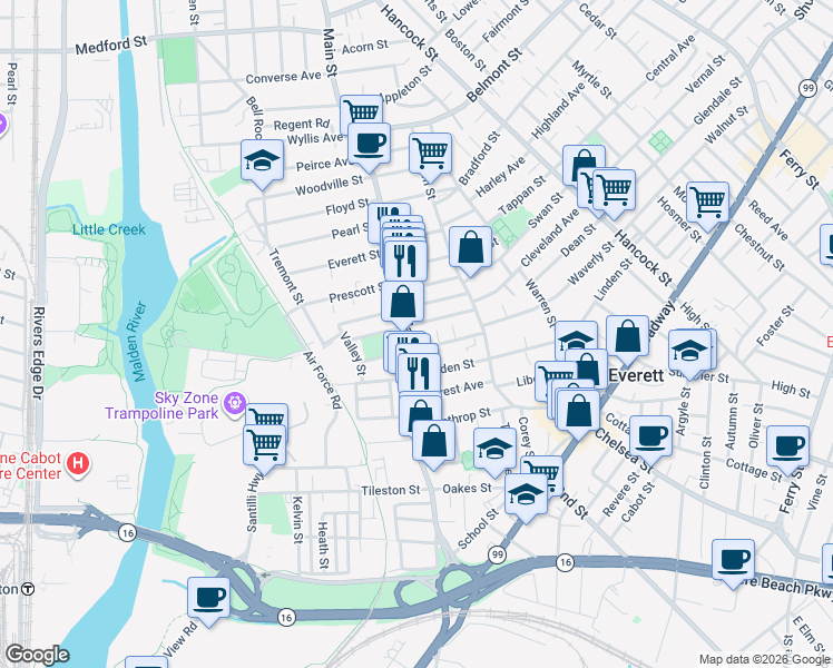 map of restaurants, bars, coffee shops, grocery stores, and more near 254 Main Street in Everett