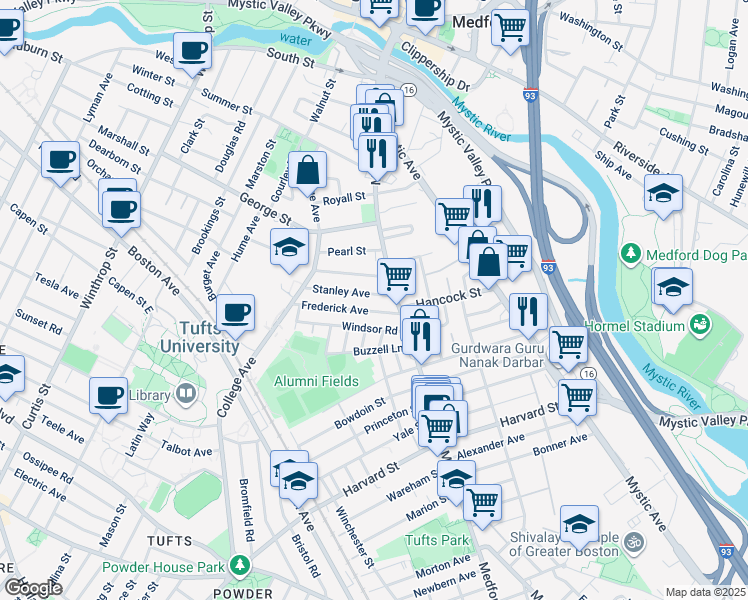 map of restaurants, bars, coffee shops, grocery stores, and more near 16 Stanley Avenue in Medford