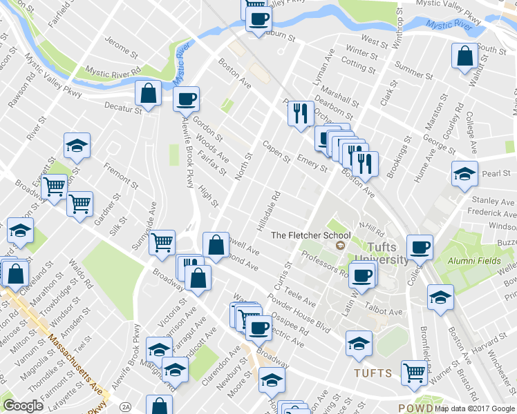 map of restaurants, bars, coffee shops, grocery stores, and more near 106 Adams Street in Somerville