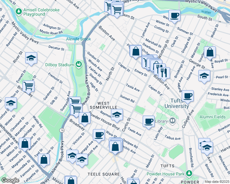 map of restaurants, bars, coffee shops, grocery stores, and more near 106 Adams Street in Somerville