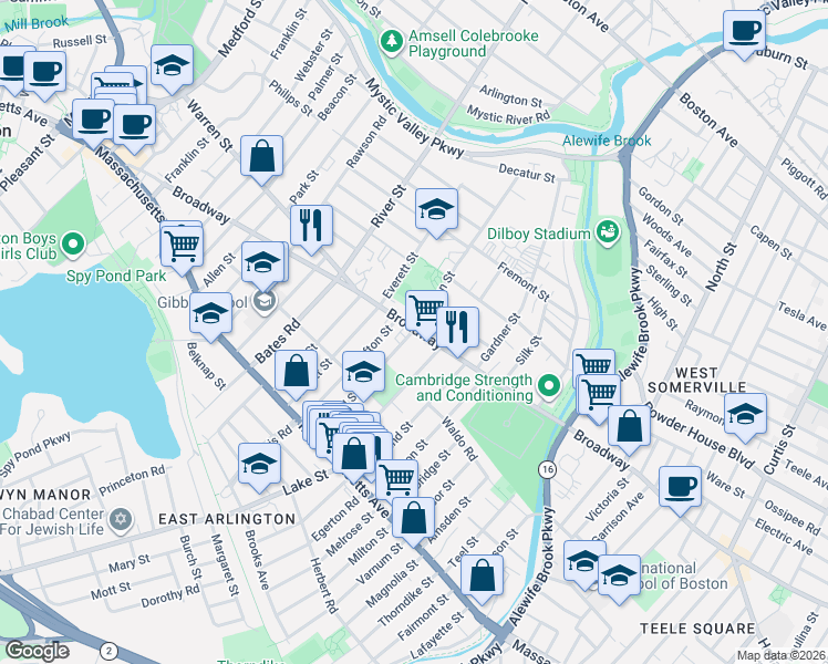 map of restaurants, bars, coffee shops, grocery stores, and more near 88 Broadway in Arlington