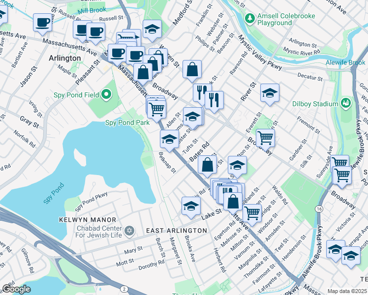 map of restaurants, bars, coffee shops, grocery stores, and more near 295 Massachusetts Avenue in Arlington