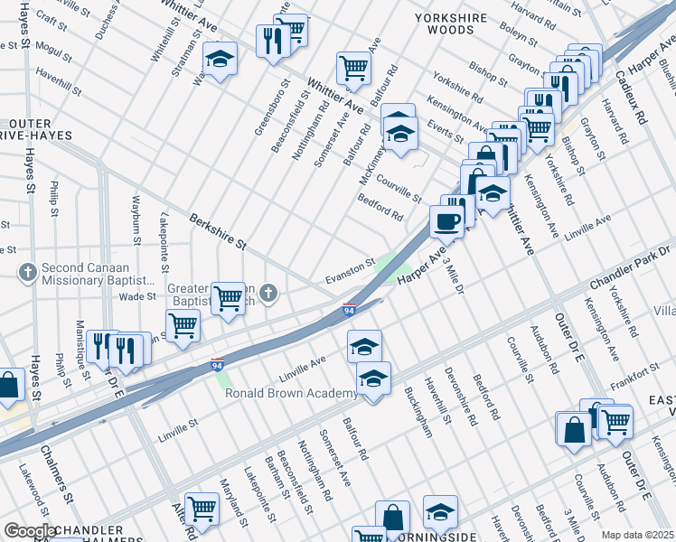 map of restaurants, bars, coffee shops, grocery stores, and more near 15857 Evanston Street in Detroit