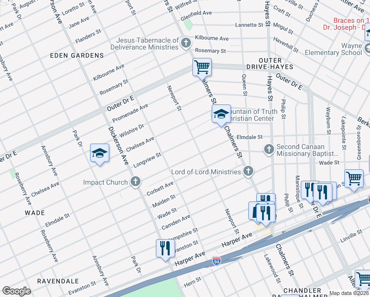 map of restaurants, bars, coffee shops, grocery stores, and more near 13376 Longview Street in Detroit